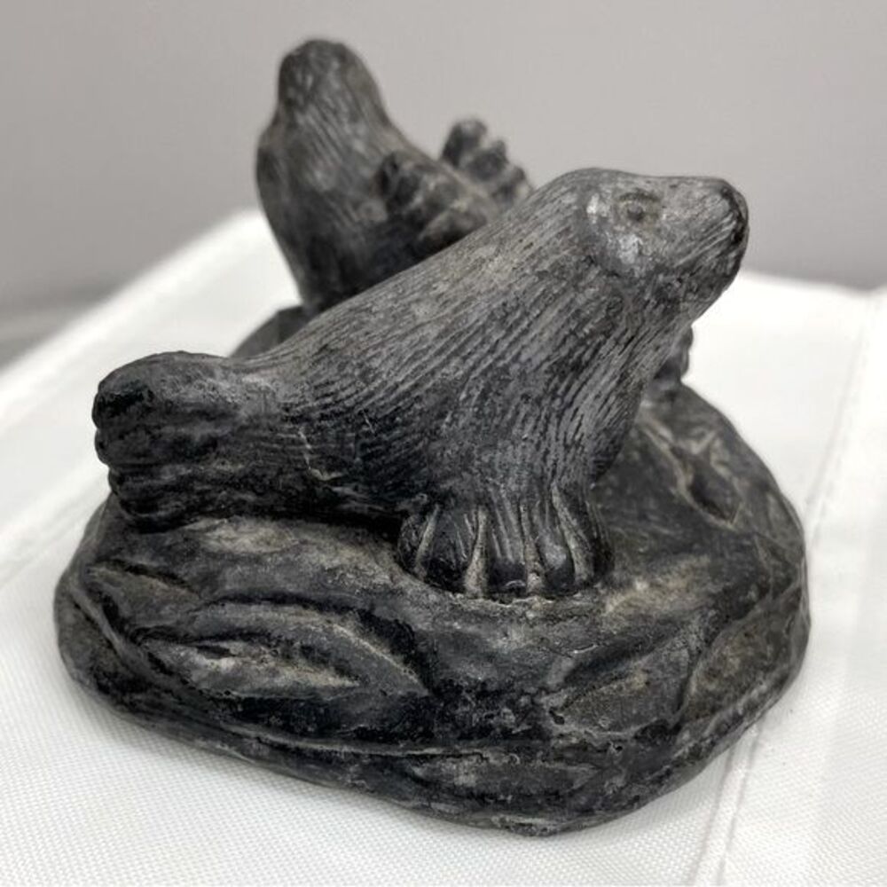 Sea Lion Mom & Baby Carved Figurine Al Wolf Sculptures Canada Inuit Style Mammal